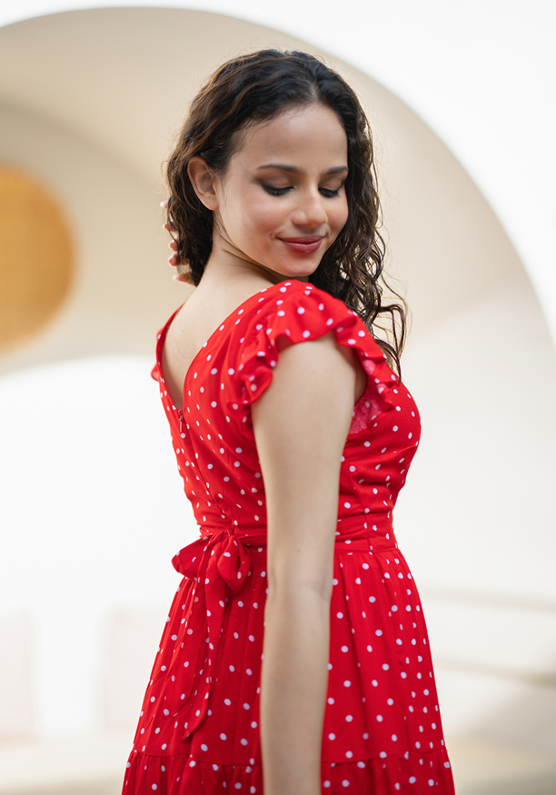 LILA WHITE DOTTED RED DRESS